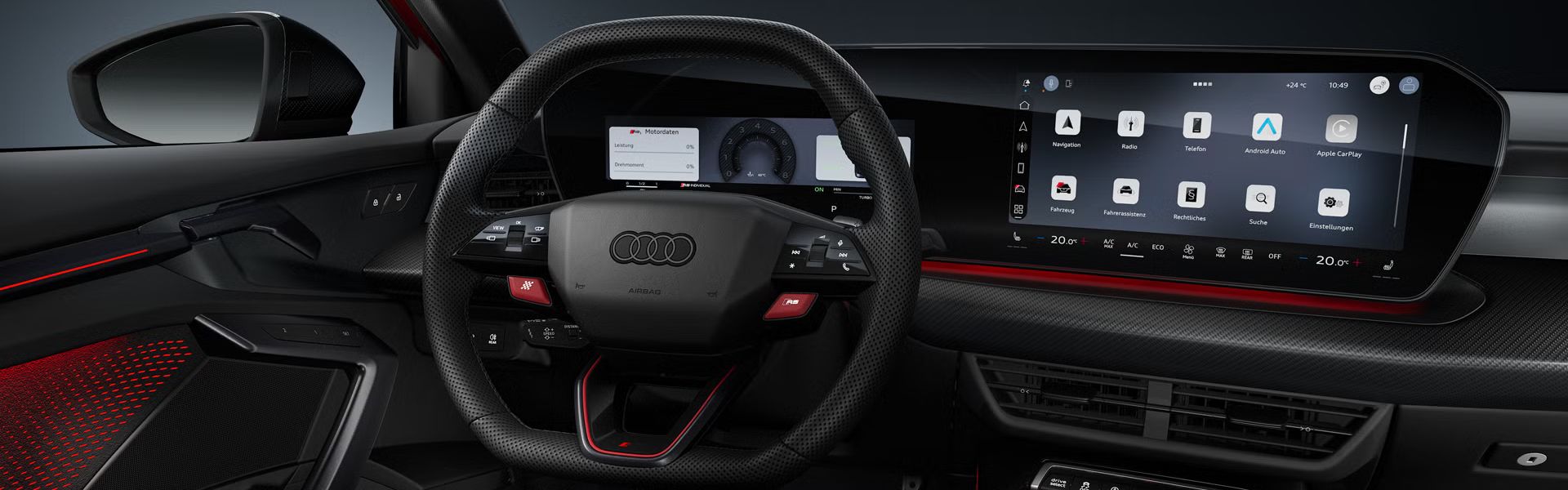 Frontale Sicht auf das Sportkonturlenkrad und das geschwungene Panoramadisplay in der Audi RS 3 Limousine.
