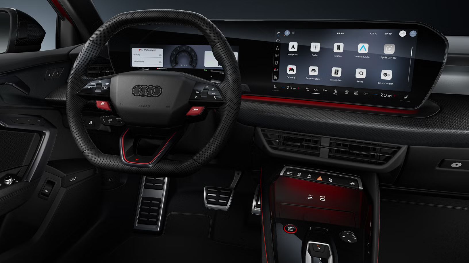 Frontale Sicht auf das Sportkonturlenkrad und das geschwungene Panoramadisplay in der Audi RS 3 Limousine.