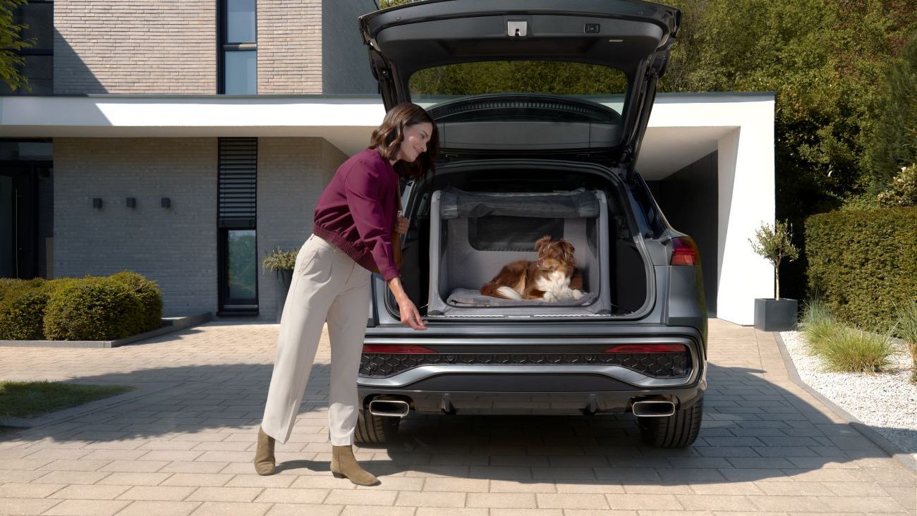 Eine Frau lächelt ihrem Hund, der in der Audi Hundebox im geöffneten Kofferraum eines Audi Q5 liegt, zu.