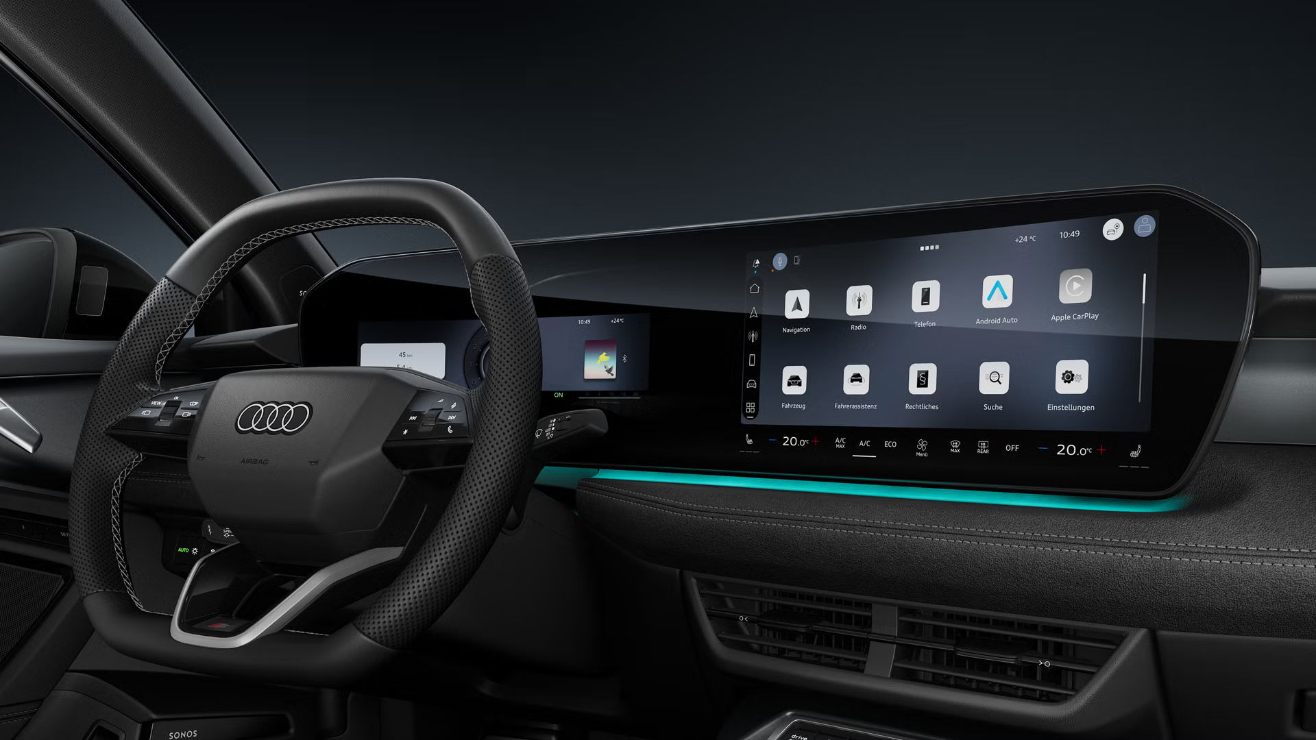 Nahaufnahme des Sportlederlenkrads und das geschwungene Panoramadisplay im Audi A3 Sportback.