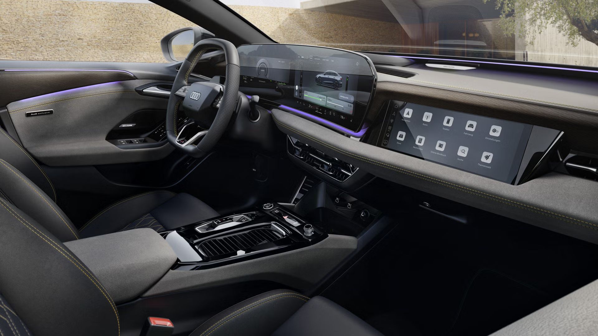 Blick ins Cockpit des A6 Sportback e-tron durch das Beifahrerfenster. Die Sitze haben Nappa Leder Bezüge in jet grau/schwarz. Die Nähte haben Kontraste in Iguana Grün.