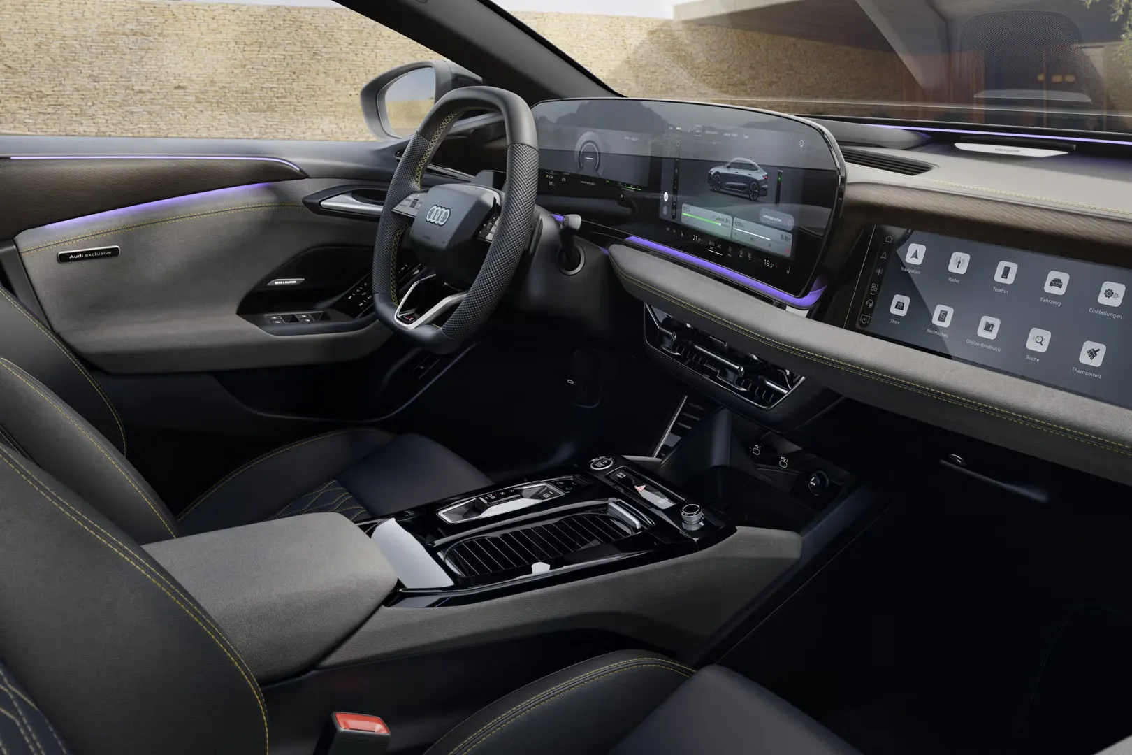 Blick ins Cockpit des A6 Sportback e-tron durch das Beifahrerfenster. Die Sitze haben Nappa Leder Bezüge in jet grau/schwarz. Die Nähte haben Kontraste in Iguana Grün.