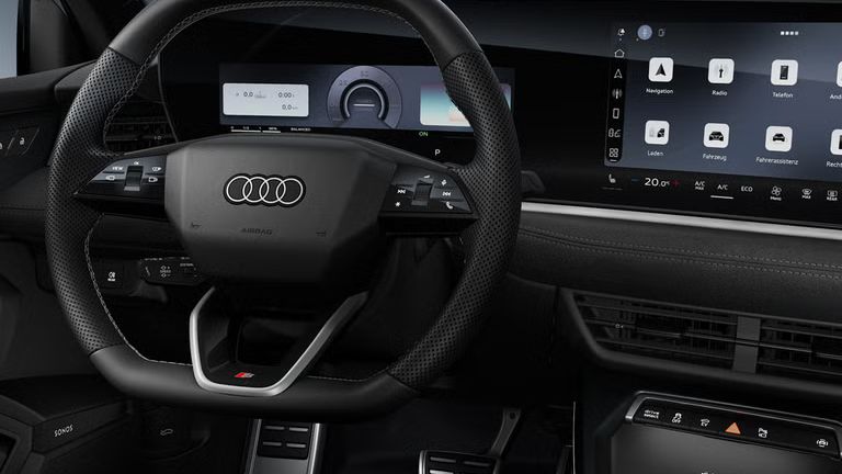 Innenaufnahme des Audi A3 Sportback e-hybrid mit Fokus auf das Lenkrad.