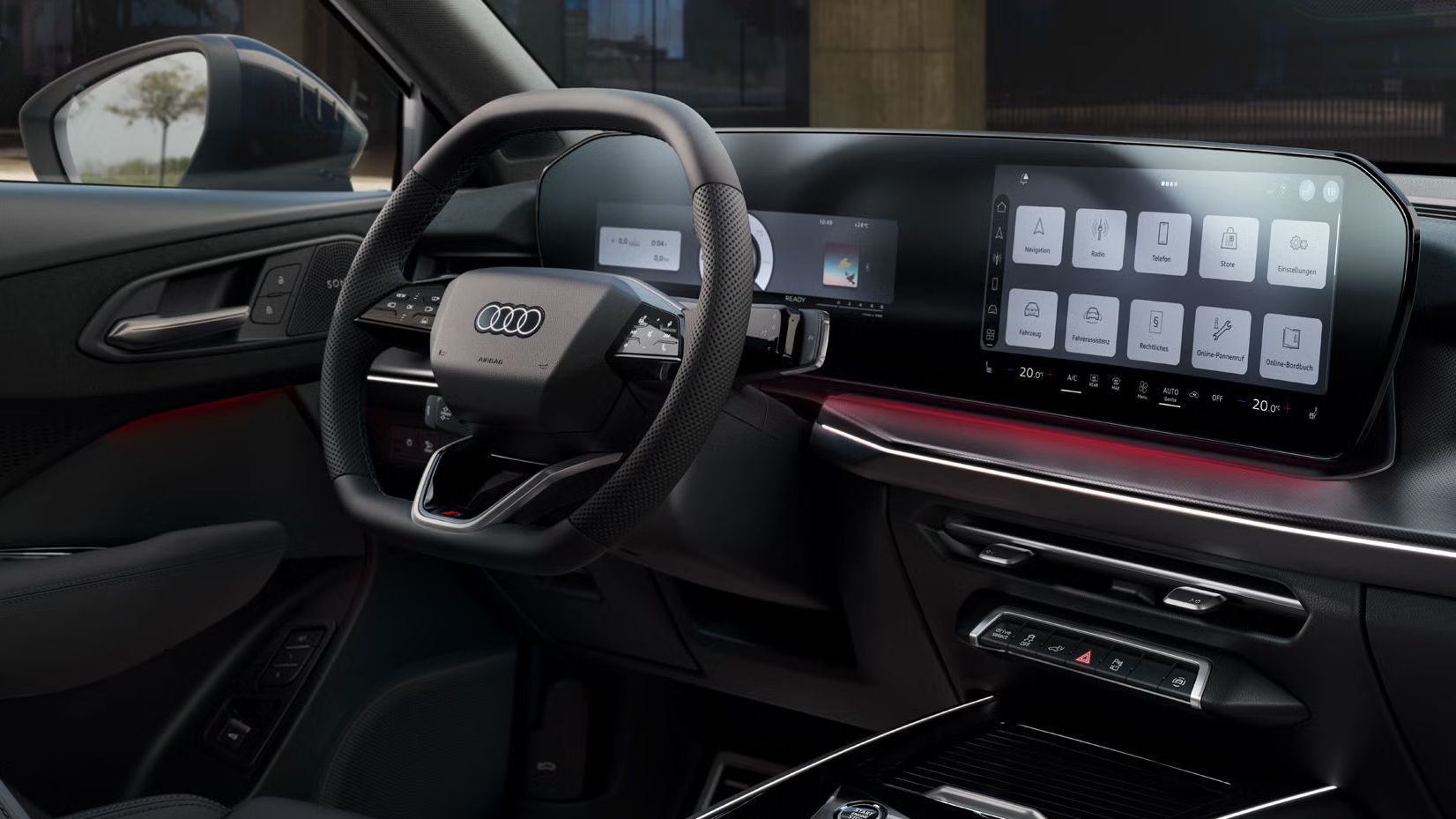 Das Cockpit mit Fokus auf Lenkrad, Panoramadisplay und Ambient-Lichtpaket	