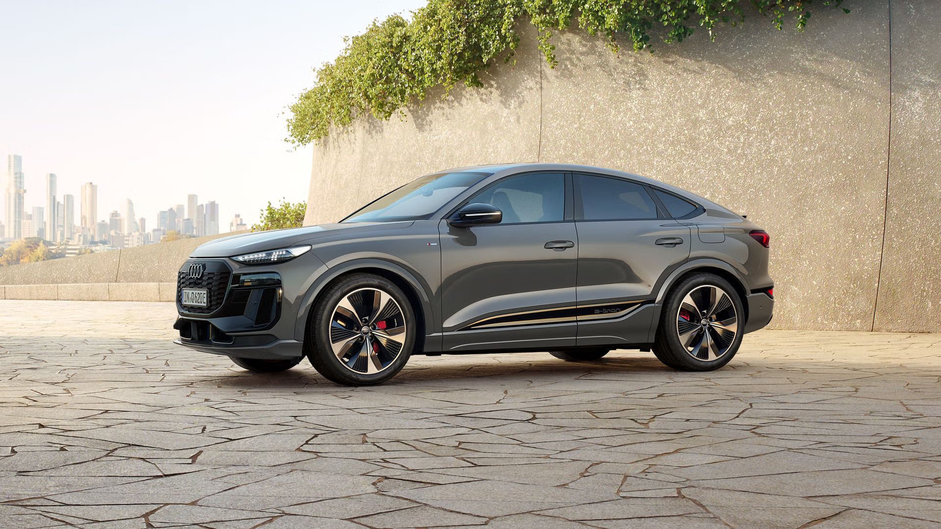 Der Q6 Sportback e-tron steht schräg seitlich vor einer begrünten Steinwand. Im Hintergrund ist die Skyline einer Stadt zu erkennen.