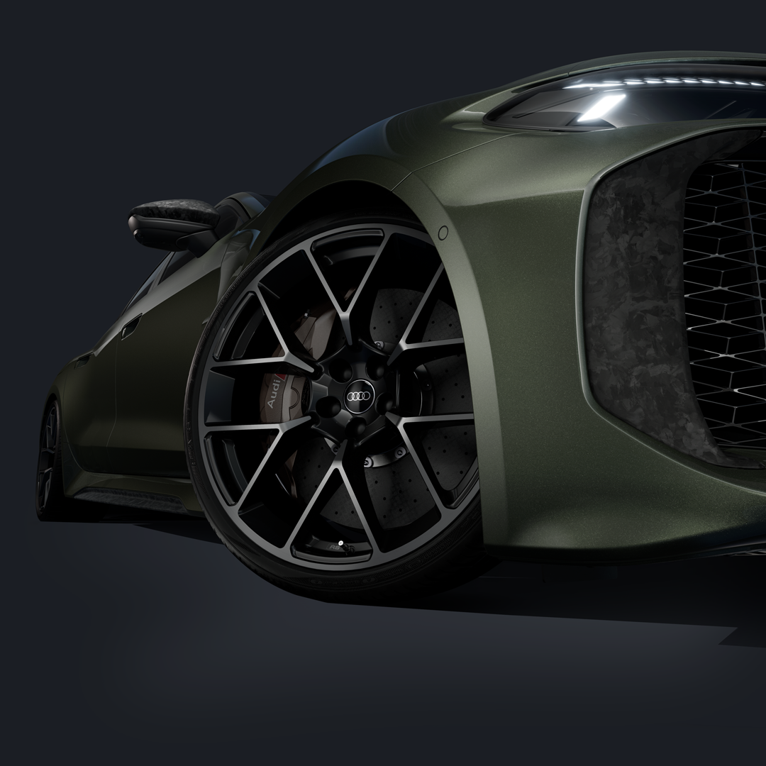 Nahaufnahme von schräg unten auf ein 20-Zoll-RS Rad der RS 5 Limousine.