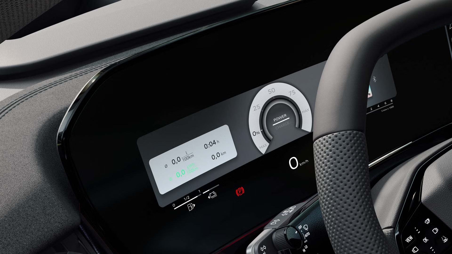 Blick auf das Lenkrad und die digitalen Displays des Audi virtual cockpit plus im Audi Q3 Sportback e-hybrid	