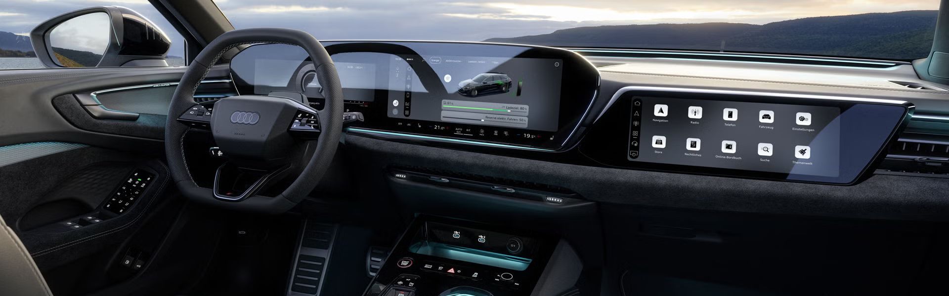 Nahaufnahme des MMI-Displays im A5 Avant e-hybrid. Auf diesem wird der aktuelle Ladezustand, sowie ein Slider zur Regelung der Reserve angezeigt.