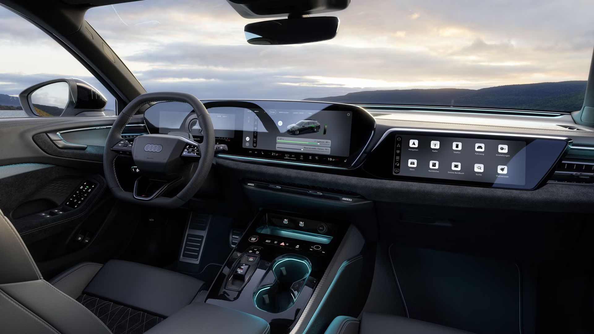 Nahaufnahme des MMI-Displays im A5 Avant e-hybrid. Auf diesem wird der aktuelle Ladezustand, sowie ein Slider zur Regelung der Reserve angezeigt.