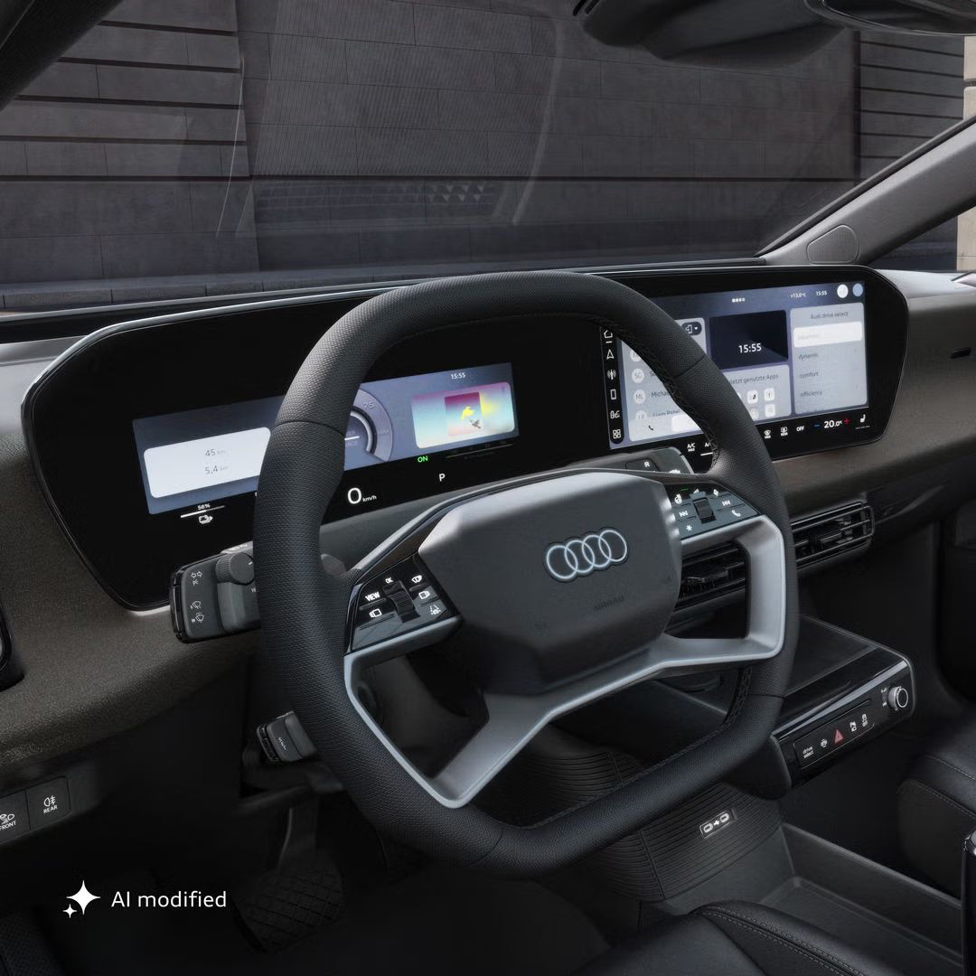 Blick ins Cockpit des Audi A2 e-tron von der Fahrerseite mit Fokus auf das Lenkrad und das geschwungene Panoramadisplay.