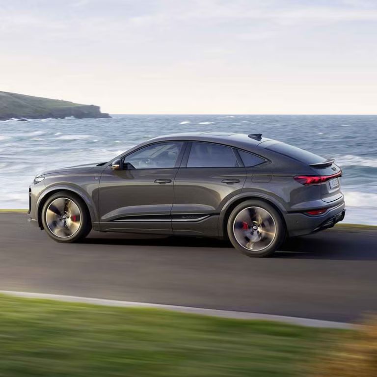 Seitliche Aufnahme des Q6 Sportback e-tron, welcher auf einer Straße entlang des Meeres fährt.