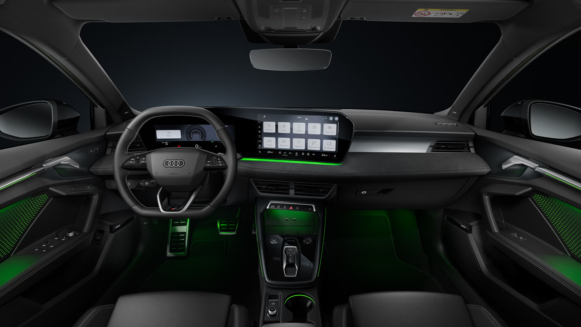 Frontaler Blick auf das Cockpit mit Fokus auf das Sportlederlenkrad, die Mittelkonsole, das geschwungene Panoramadisplay und das Ambiente-Licht.