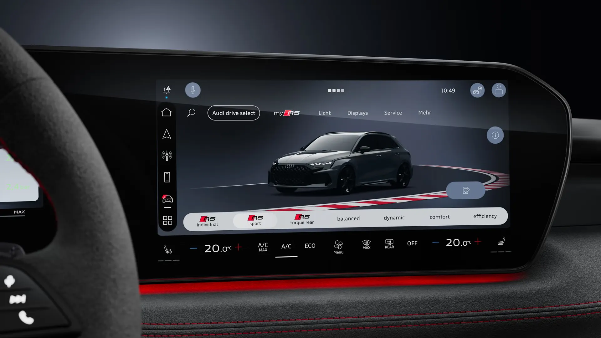 Fokus auf Audi drive select mit Wahl zwischen drei zusätzlichen RS-spezifischen Fahrmodi.