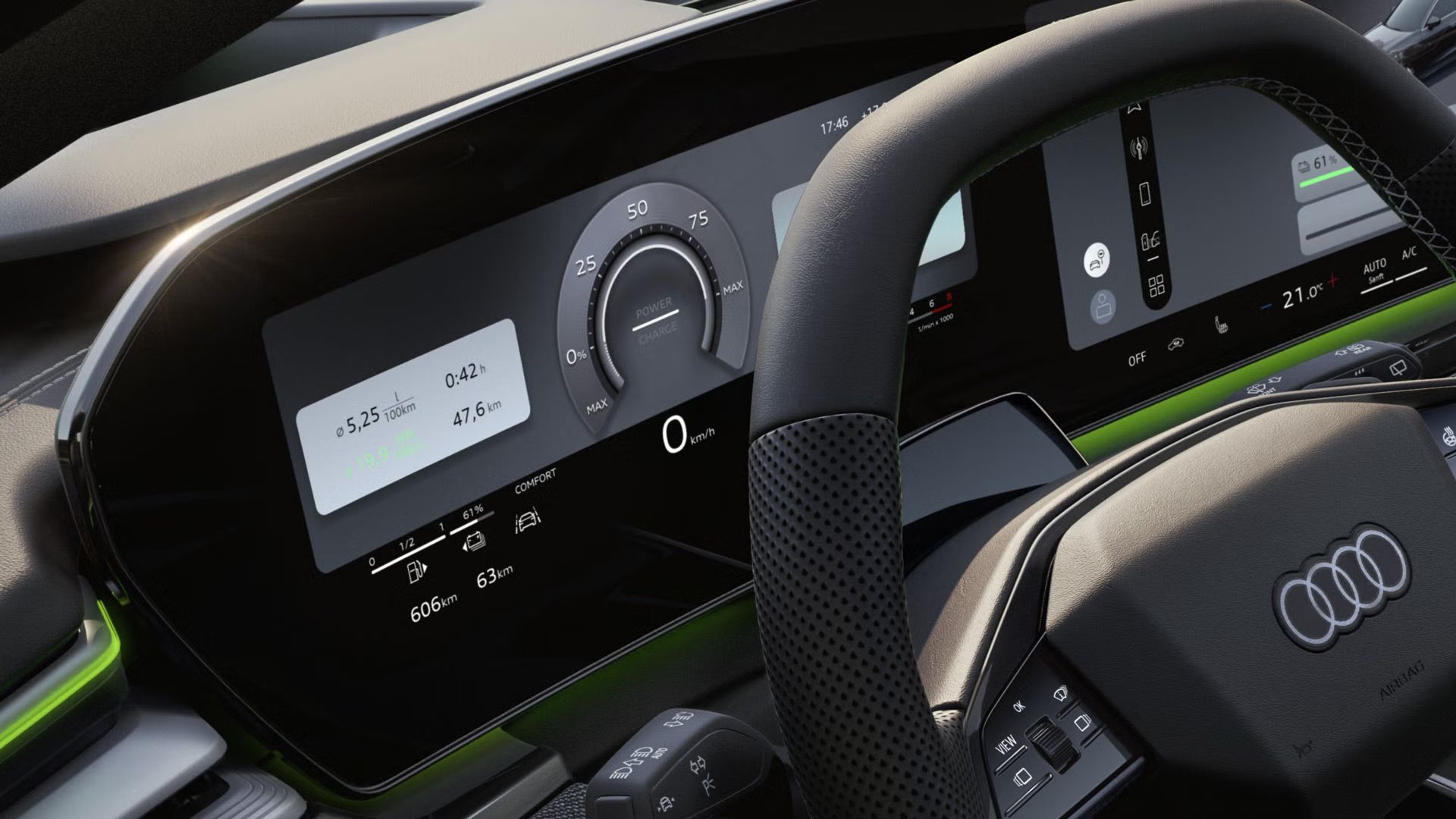 Blick auf das Lenkrad und das Fahrerdisplay des A6 Avant e-hybrid.