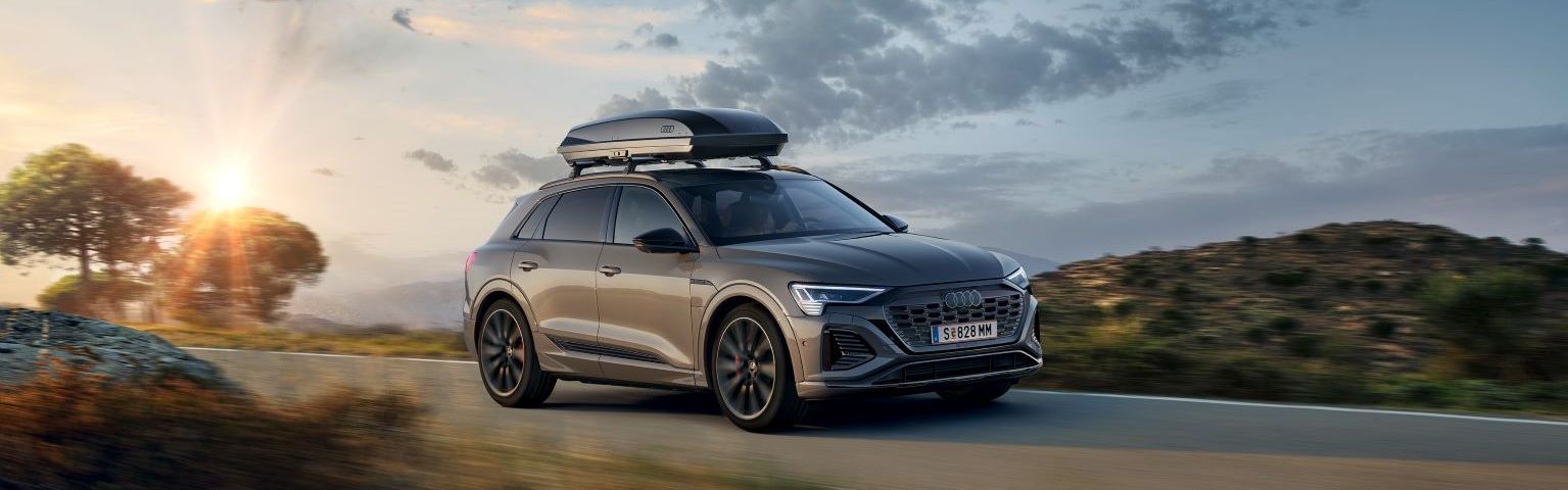 Ein Audi Q8 mit Dachbox in Fahrt auf einer Landstraße.