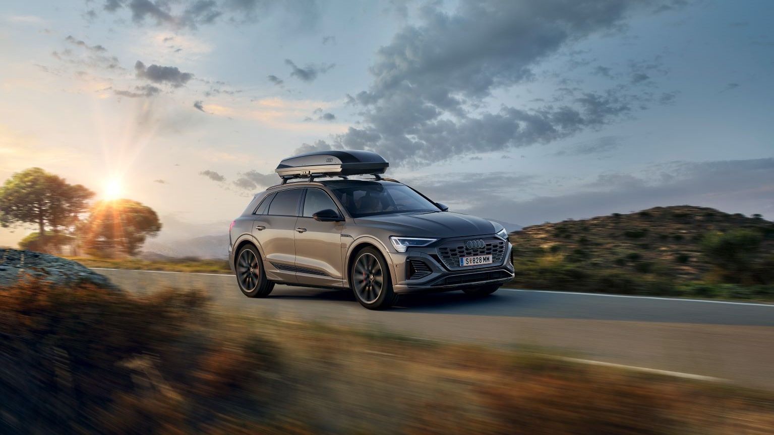 Ein Audi Q8 mit Dachbox in Fahrt auf einer Landstraße.