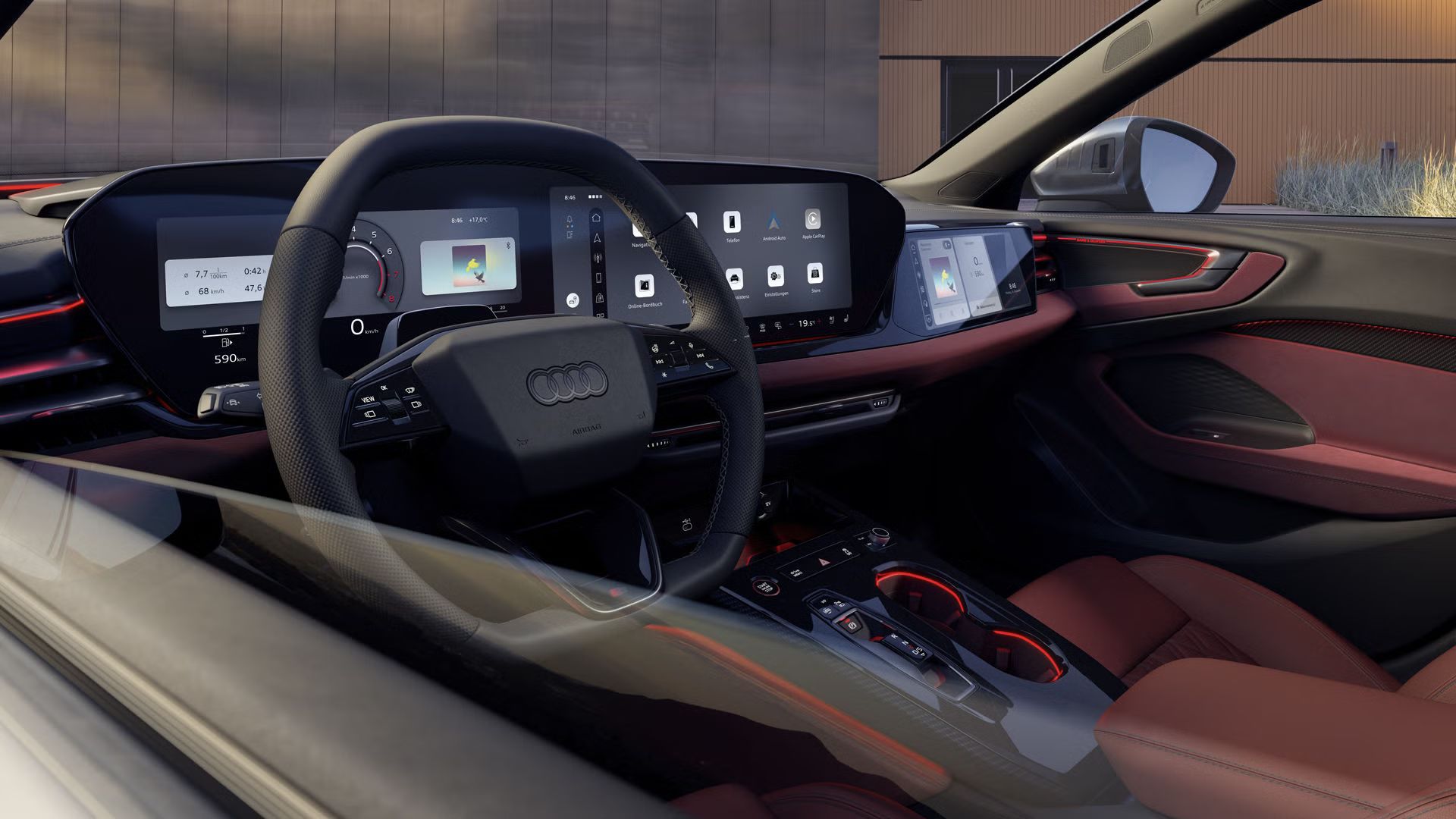 Innenraum und Cockpit des S5 Avant aus der Perspektive des Fahrerfensters. Der Innenraum leuchtet in rotem Ambiente Licht. 