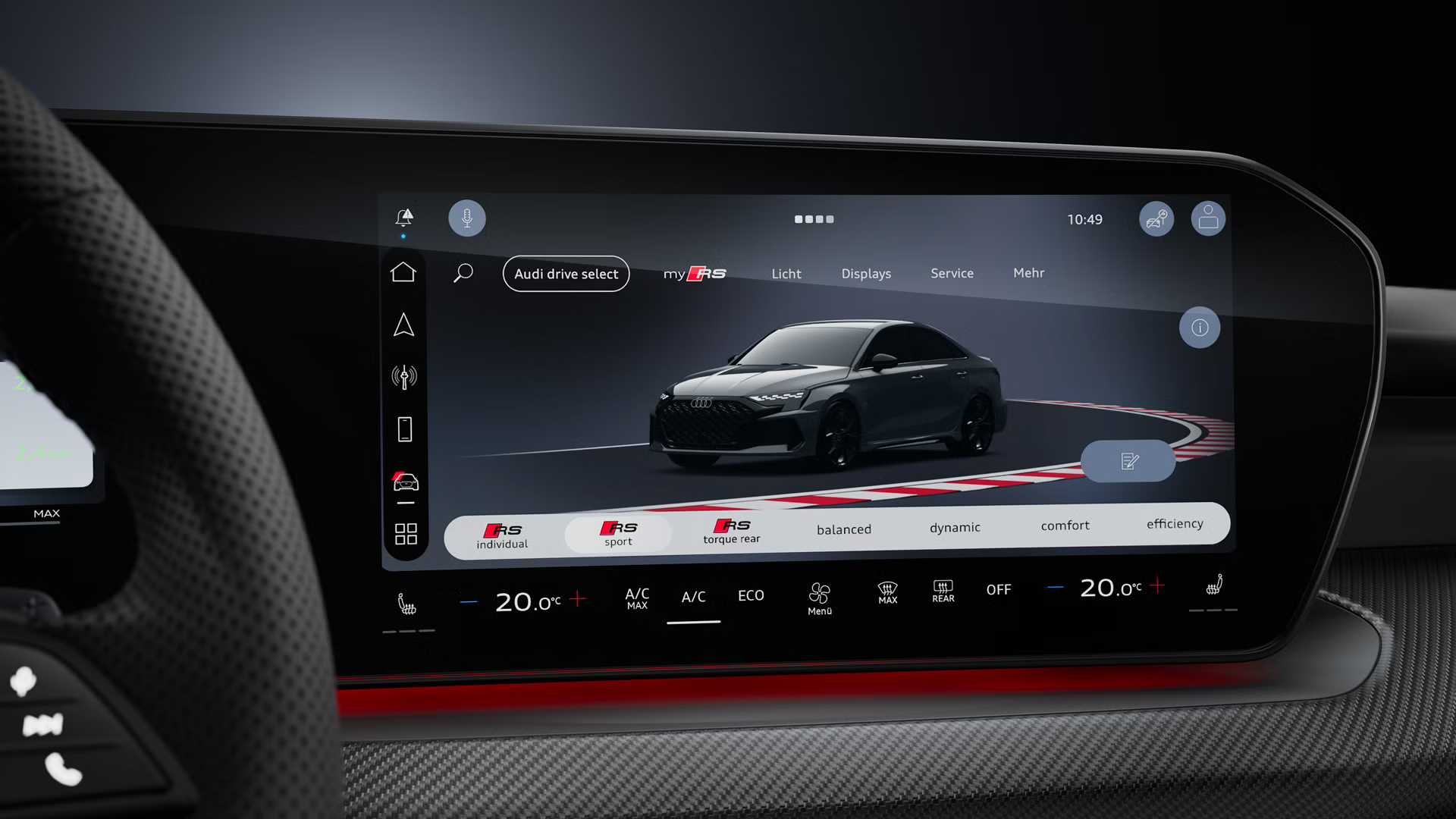 Fokus auf Audi drive select mit Wahl zwischen drei zusätzlichen RS-spezifischen Fahrmodi.