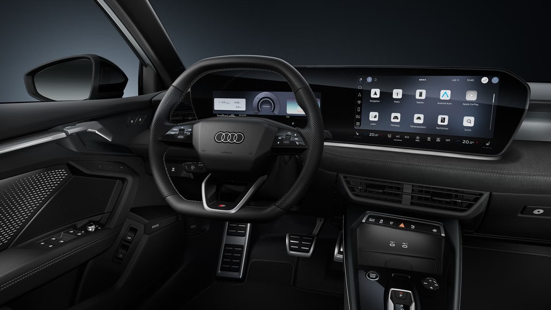 Frontale Sicht auf das Sportlederlenkrad und das geschwungene Panoramadisplay im Audi A3 Sportback e-hybrid.