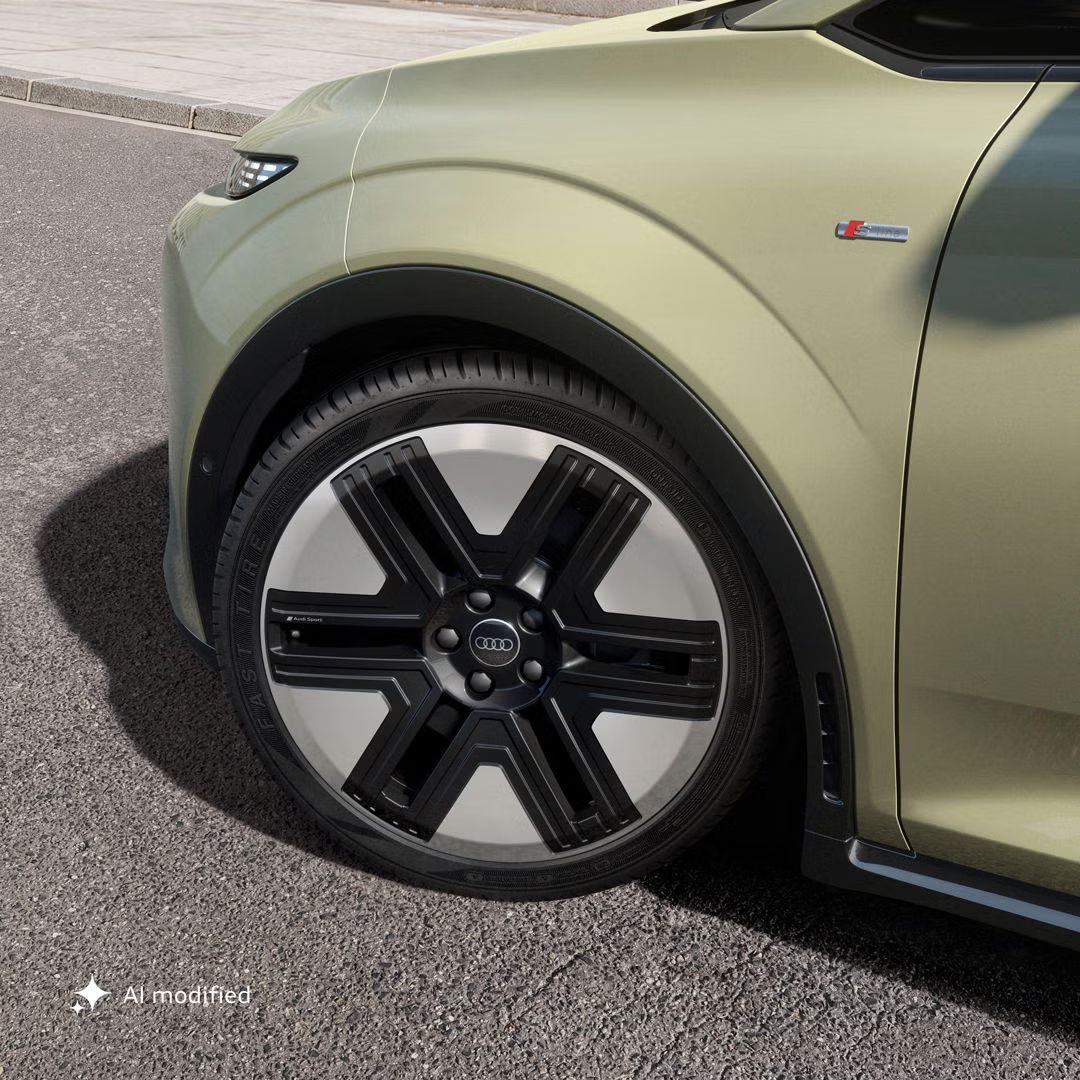 Nahaufnahme des 20-Zoll-Rads eines Audi A2 e-tron im 6-Flächenspeichen-Aero-Design.