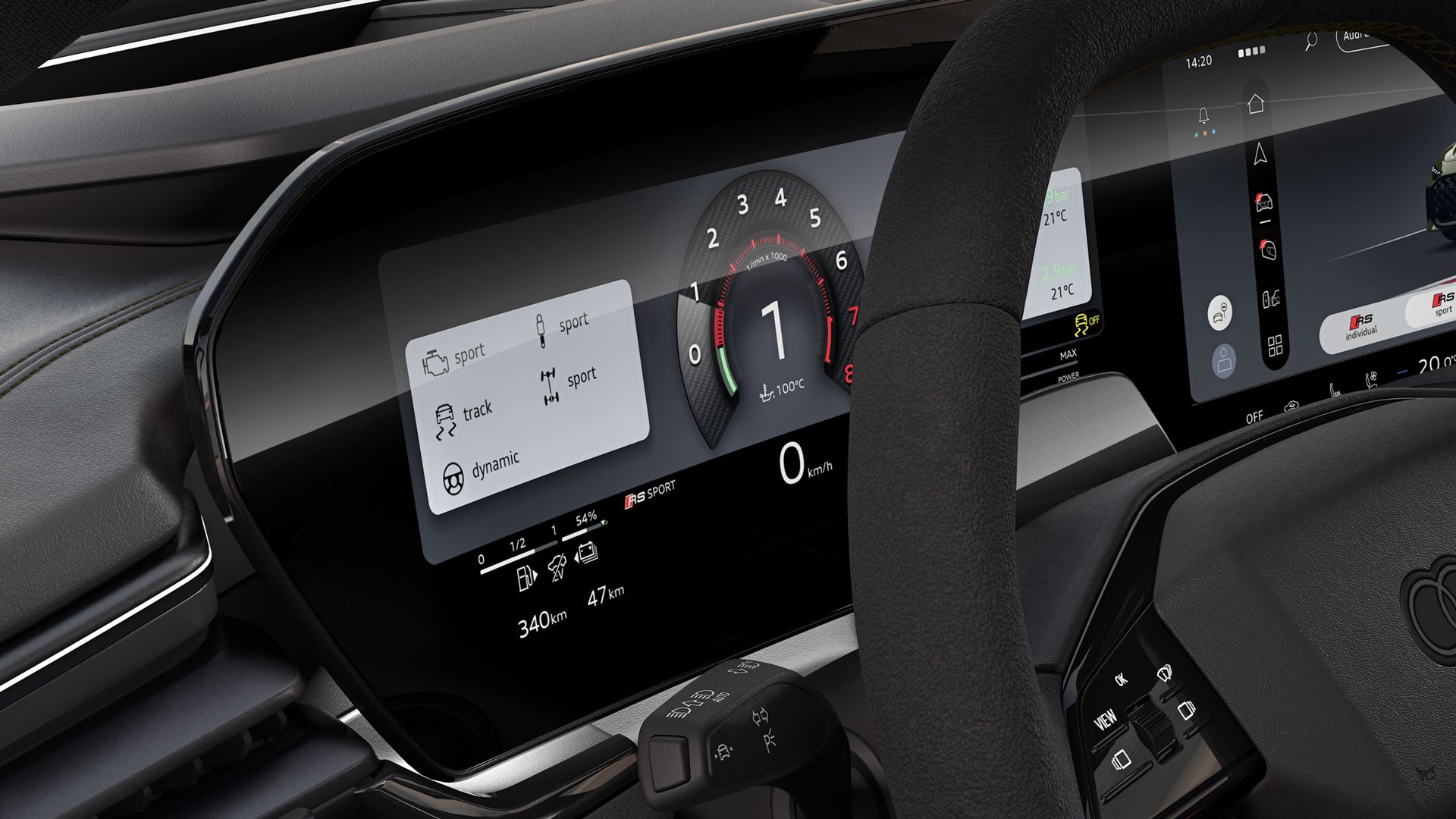 Nahaufnahme des Audi virtual cockpit auf der Fahrerseite.