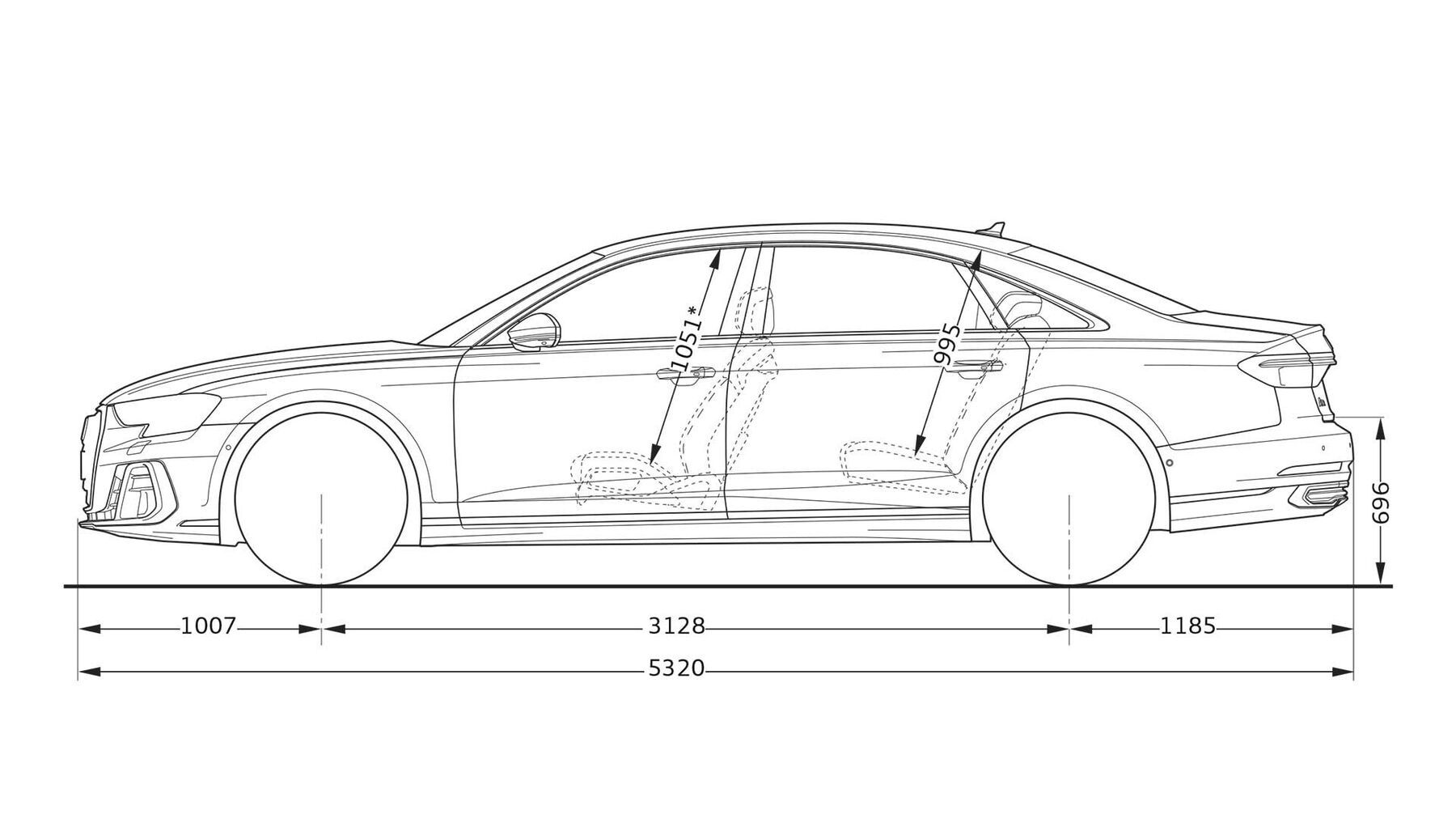 Die Abmessungen eines Audi A8 L in der Seitenansicht