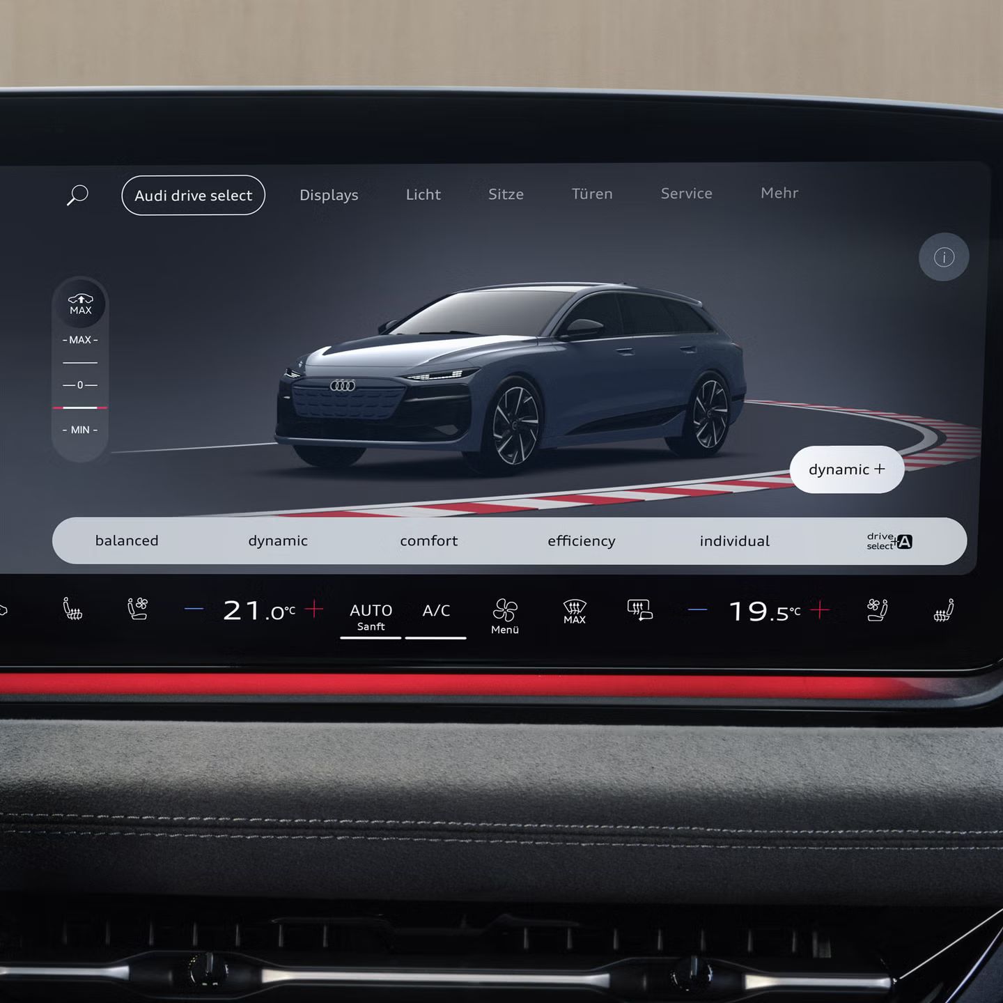 Nahaufnahme des Displays, auf welchem die Auswahl des Audi drive select-Modus gezeigt wird. 
