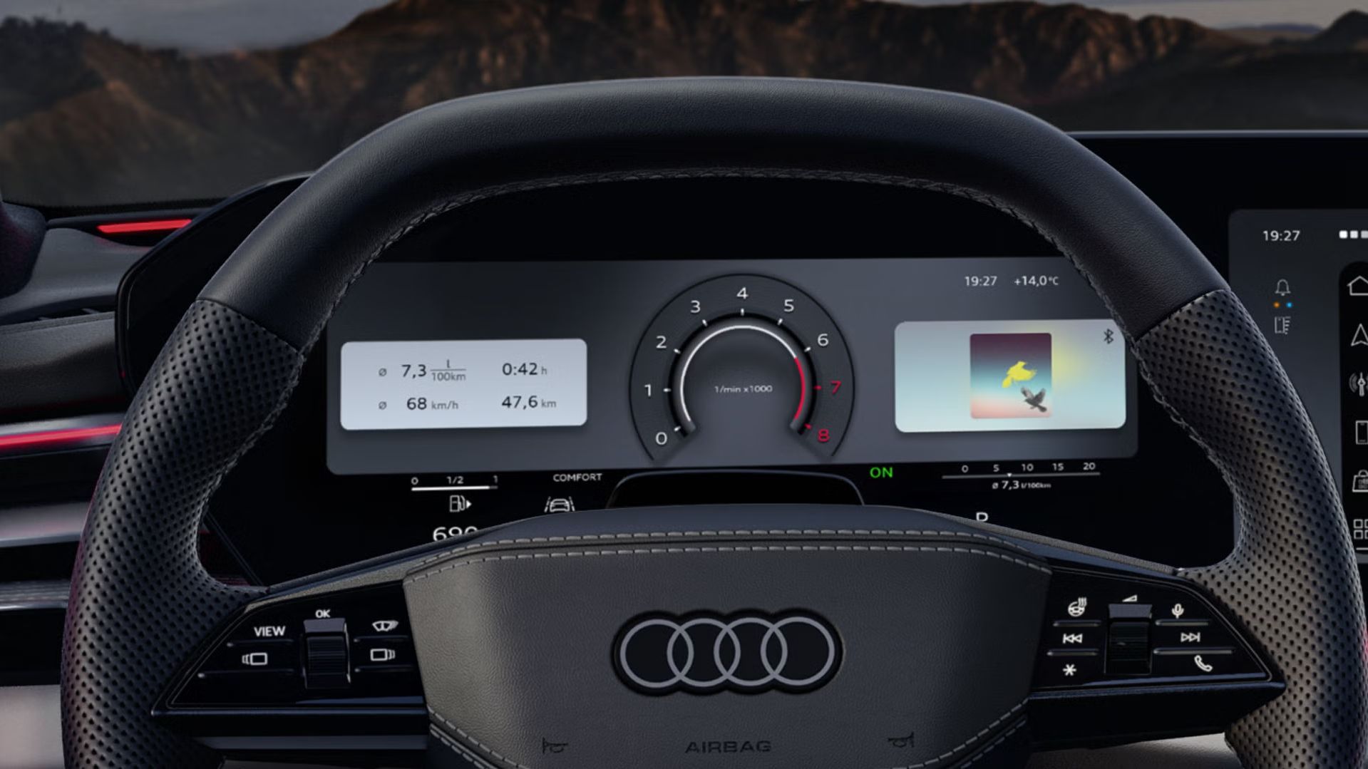 Blick auf das Lenkrad und das Fahrerdisplay des A6 Avant aus der Perspektive des Fahrers.