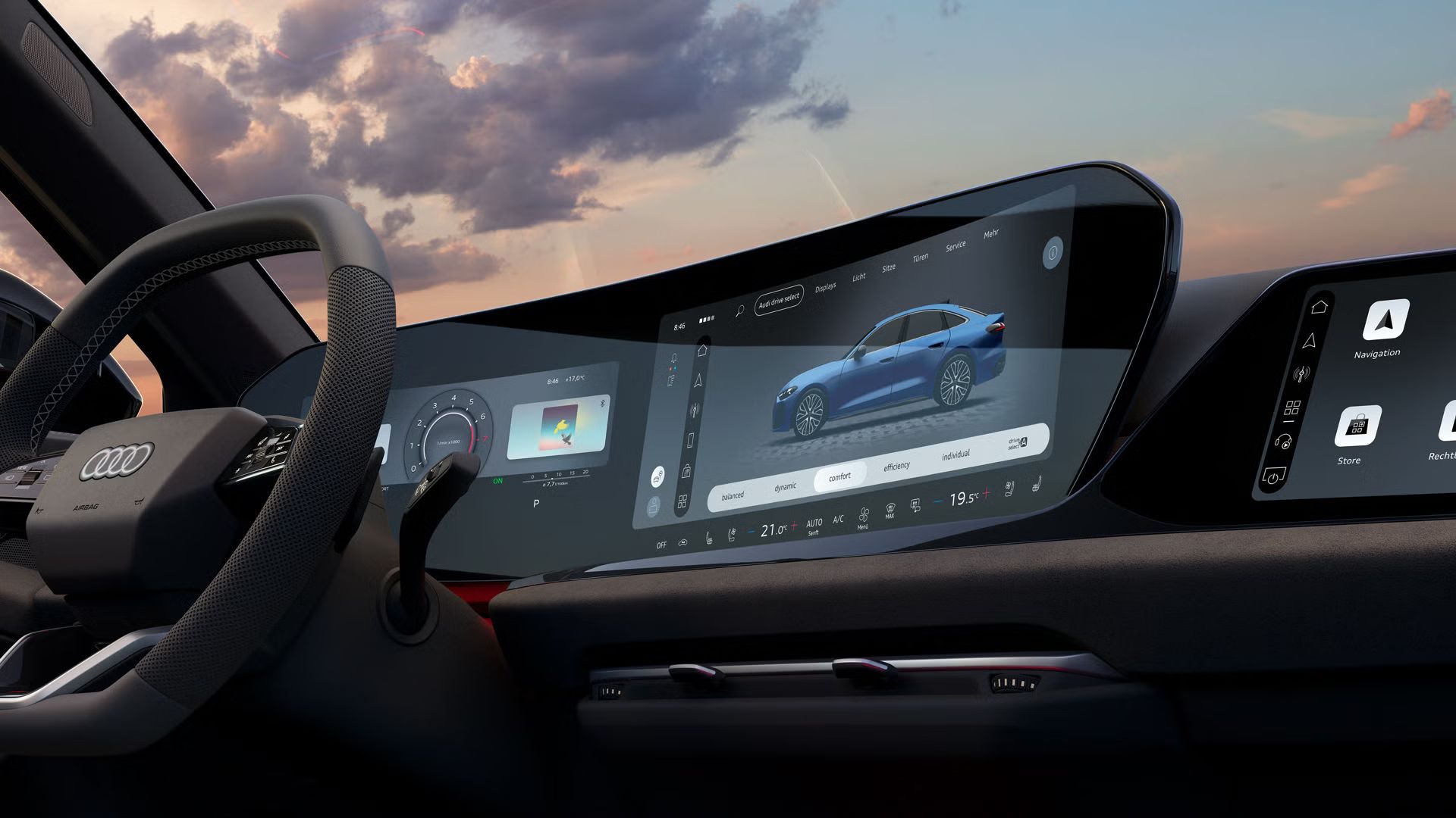 Innenraum und Cockpit des S5 Avant aus Beifahrerperspektive. Der Innenraum leuchtet in orangenem Ambiente Licht.