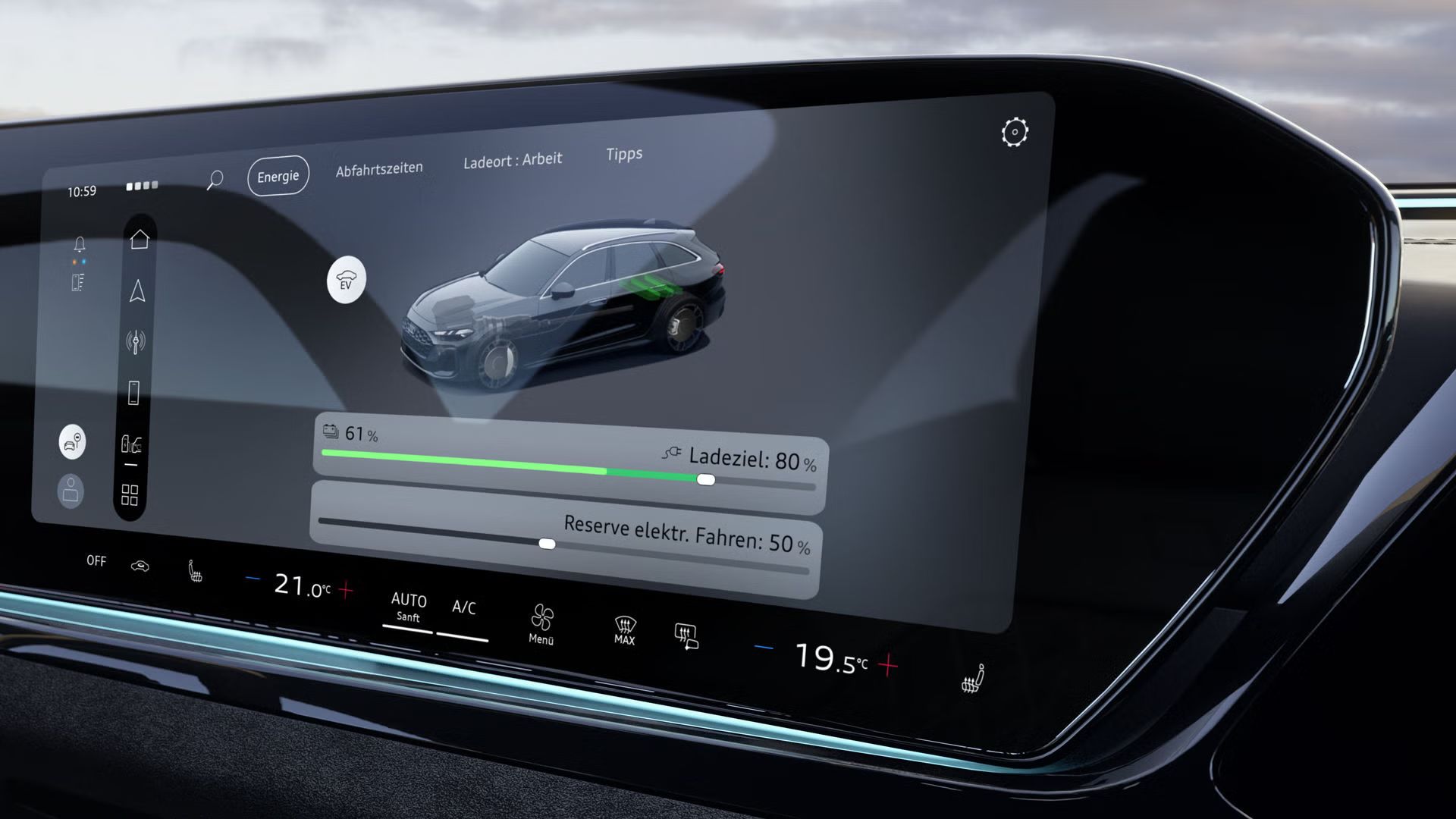 Nahaufnahme des MMI-Displays im A5 Avant e-hybrid. Auf diesem wird der aktuelle Ladezustand, sowie ein Slider zur Regelung der Reserve angezeigt.