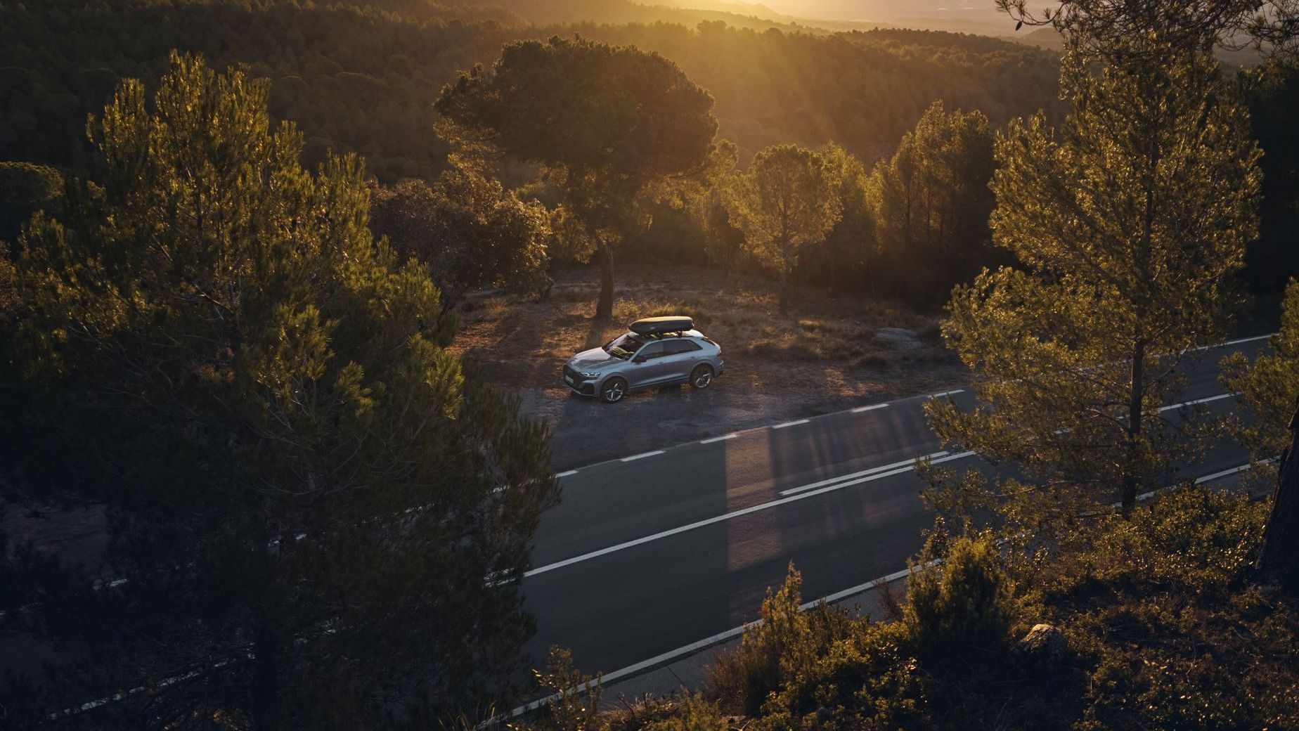 Ein Audi Q8 mit Transportbox auf dem Dach parkt bei Sonnenuntergang neben einem Wald.