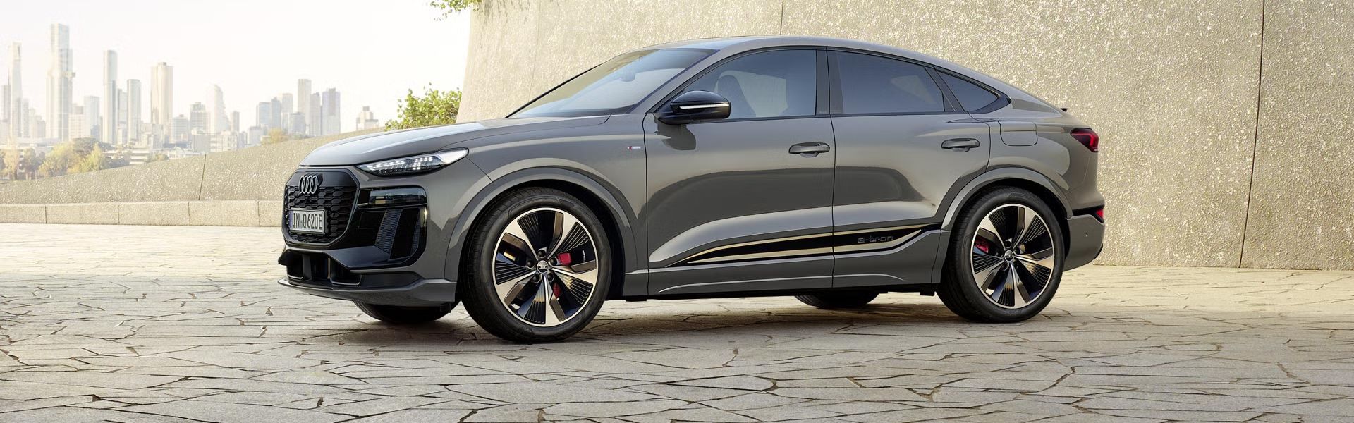 Der Q6 Sportback e-tron steht schräg seitlich vor einer begrünten Steinwand. Im Hintergrund ist die Skyline einer Stadt zu erkennen.