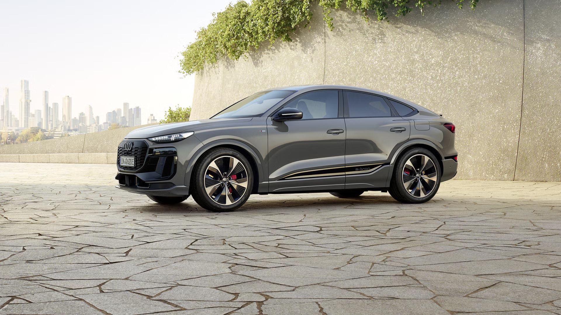 Der Q6 Sportback e-tron steht schräg seitlich vor einer begrünten Steinwand. Im Hintergrund ist die Skyline einer Stadt zu erkennen.