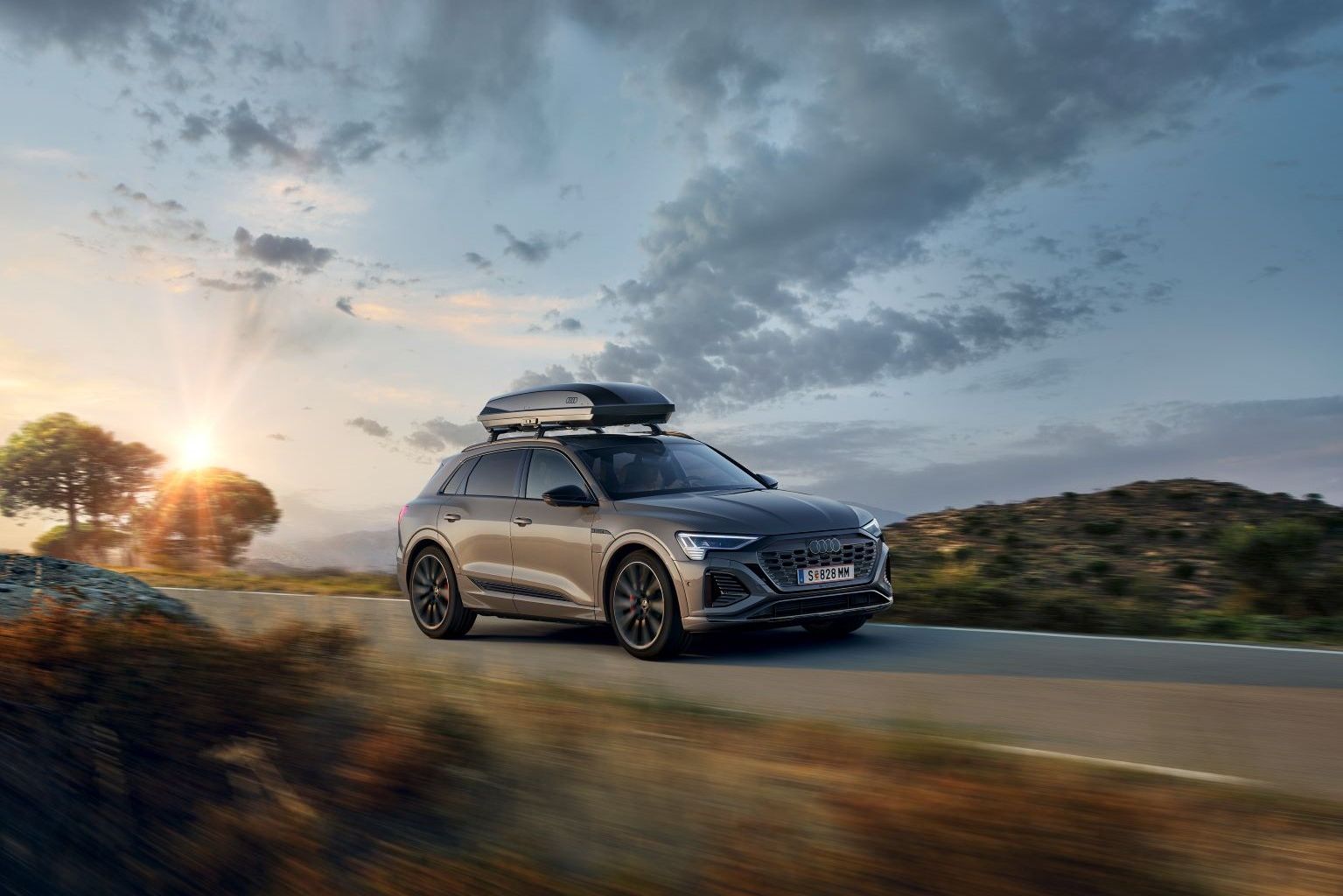 Ein Audi Q8 mit Dachbox in Fahrt auf einer Landstraße.