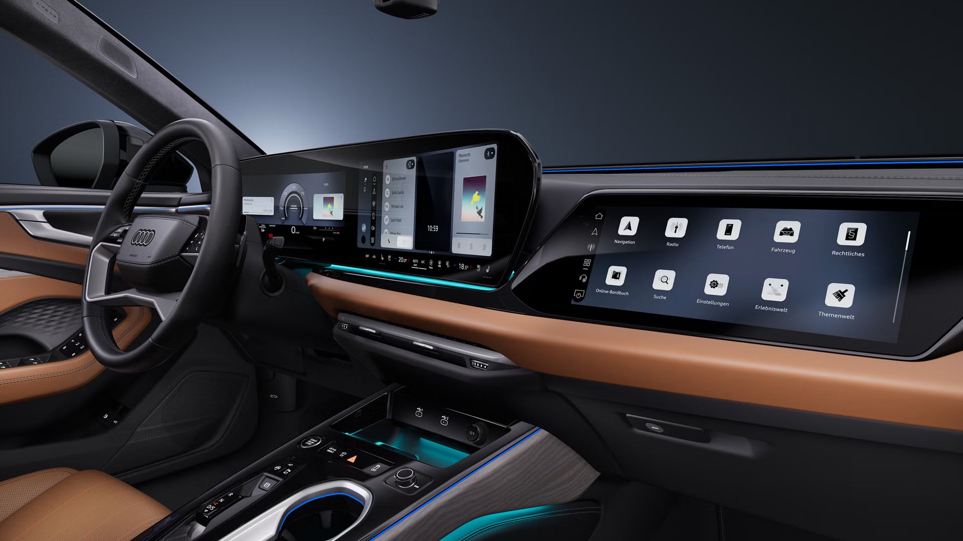 Seitliche Nahaufnahme des Cockpits des Audi A6 allroad e-hybrid mit Fokus auf das Lenkrad und die digitalen Displays.