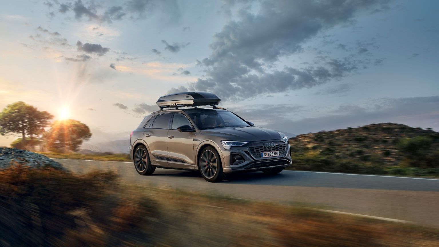 Ein Audi Q8 mit Dachbox in Fahrt auf einer Landstraße.