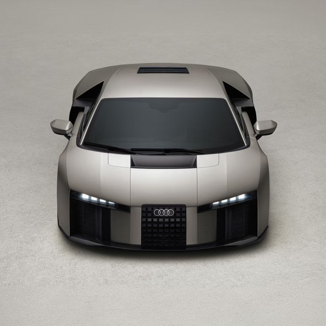 Frontansicht des Audi Nuvolari Hybrid-Supersportwagens in der neuen Farbe Titanium.