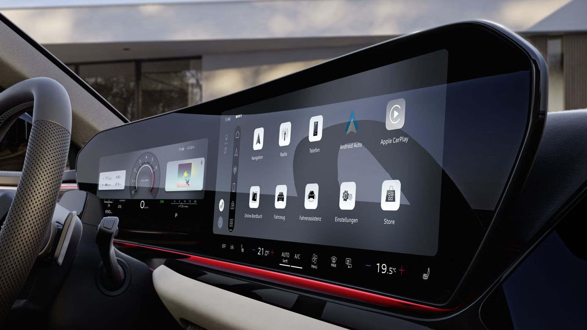 Blick auf das MMI Display und das Fahrerdisplay des A6 Avant von der Beifahrerseite. 