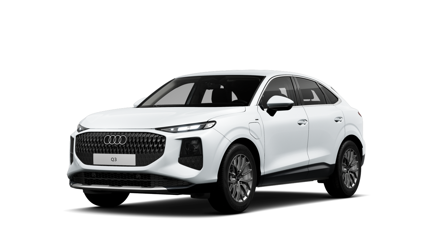 Weißer Audi Q3 Sportback e-hybrid seitliche Frontansicht