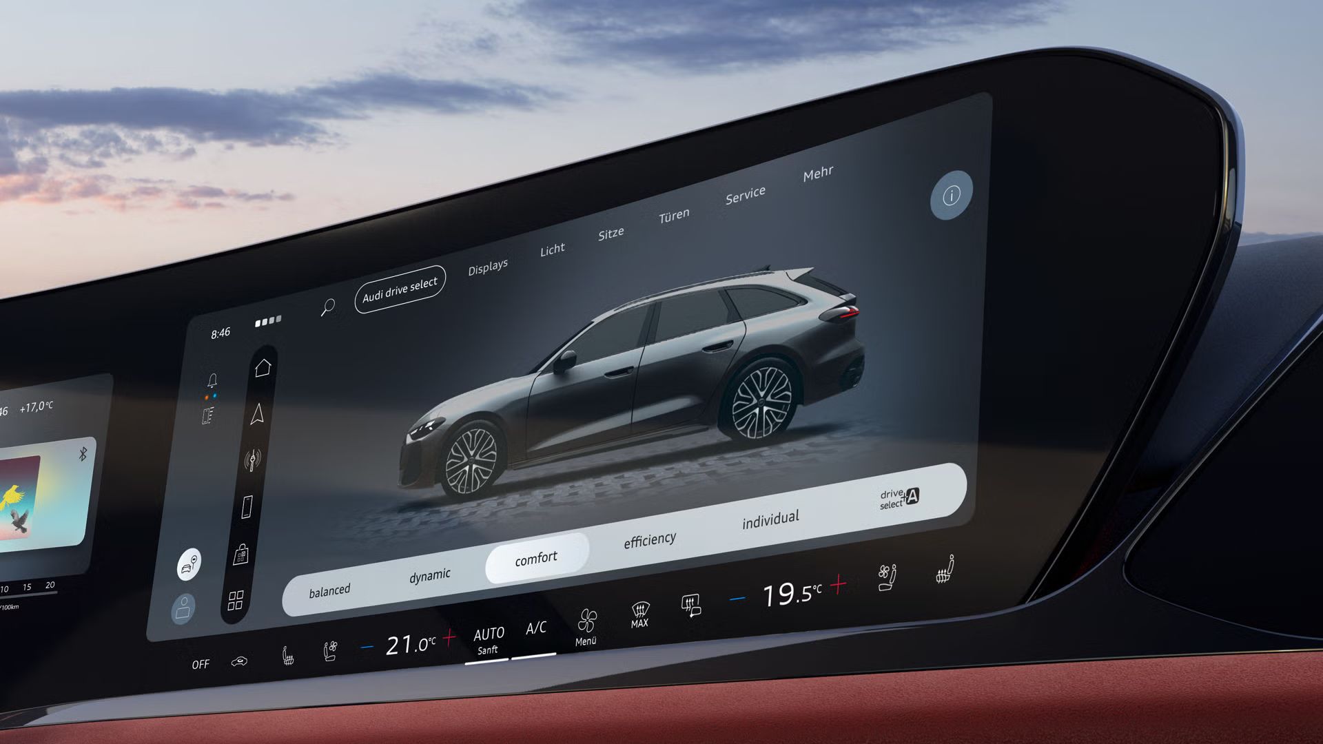 Nahaufnahme des MMI touch-Displays mit Audi drive select. 
