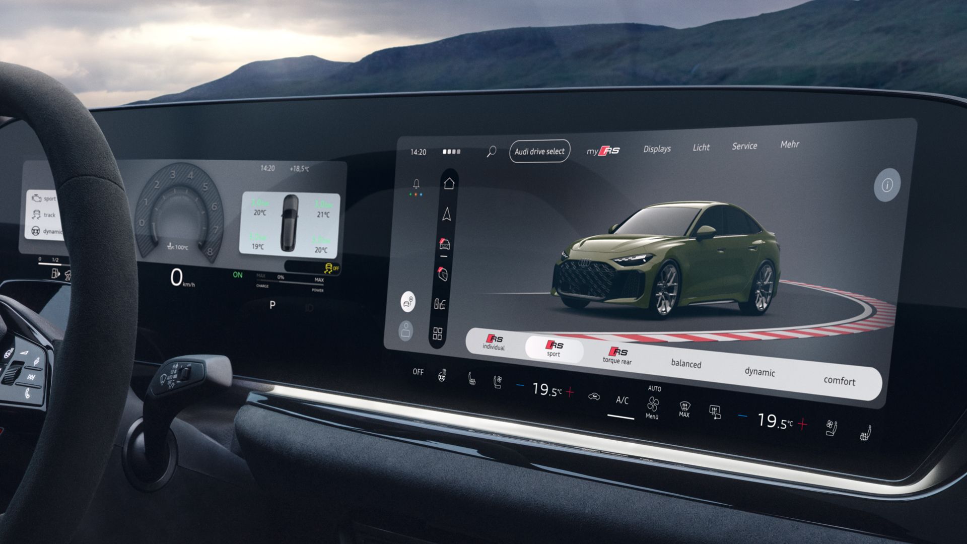 Fokus auf das MMI touch-Display und Audi drive select mit den verschiedenen RS-Fahrmodi.