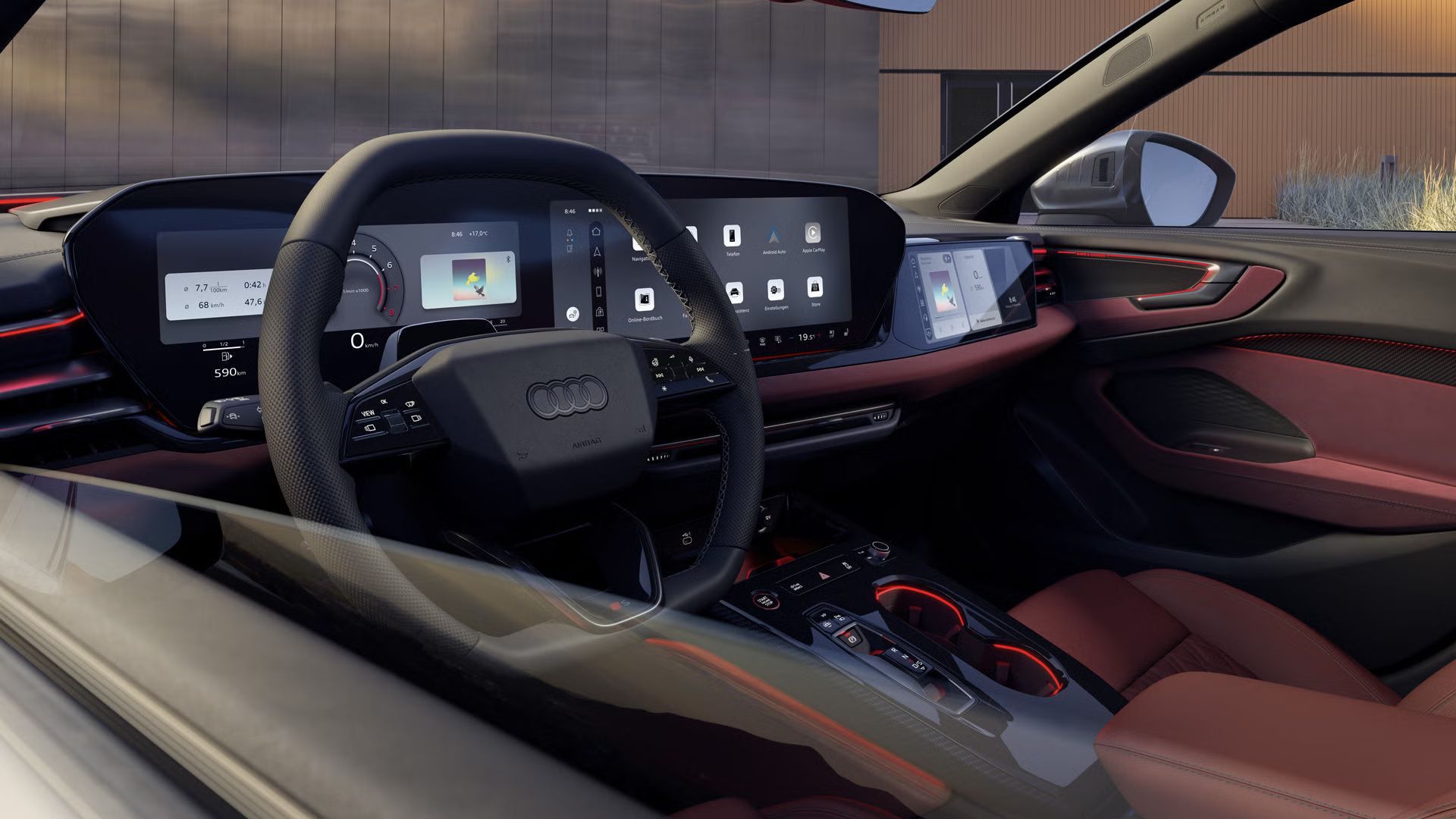 Innenraum und Cockpit des S5 Avant aus der Perspektive des Fahrerfensters. Der Innenraum leuchtet in rotem Ambiente Licht. 