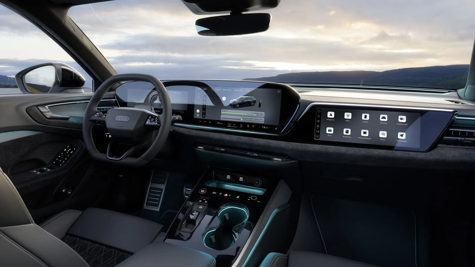 Nahaufnahme des MMI-Displays im A5 Avant e-hybrid. Auf diesem wird der aktuelle Ladezustand, sowie ein Slider zur Regelung der Reserve angezeigt.
