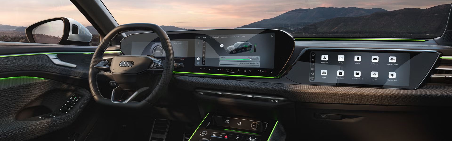 Nahaufnahme des MMI-Displays im A6 Avant e-hybrid. Auf diesem wird der aktuelle Ladezustand sowie ein Slider zur Regelung der Reserve angezeigt.