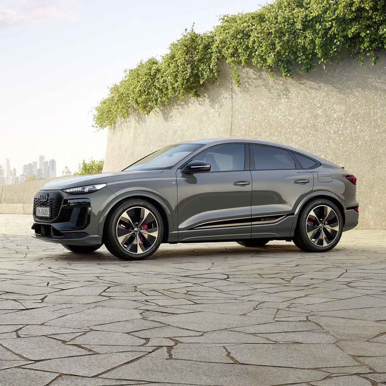 Der Q6 Sportback e-tron steht schräg seitlich vor einer begrünten Steinwand. Im Hintergrund ist die Skyline einer Stadt zu erkennen.