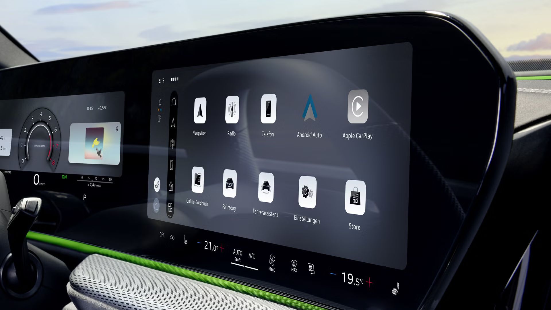 Nahaufnahme des MMI touch-Displays mit der Auswahl der verschiedenen Apps und Funktionen