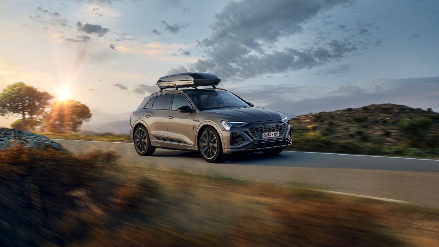 Ein Audi Q8 mit Dachbox in Fahrt auf einer Landstraße.