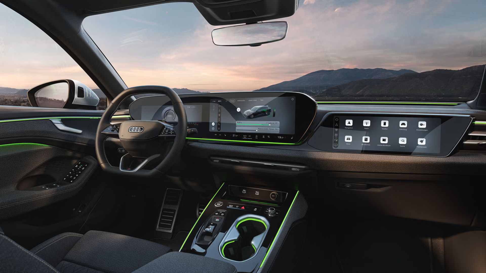 Nahaufnahme des MMI-Displays im A6 Avant e-hybrid. Auf diesem wird der aktuelle Ladezustand sowie ein Slider zur Regelung der Reserve angezeigt.