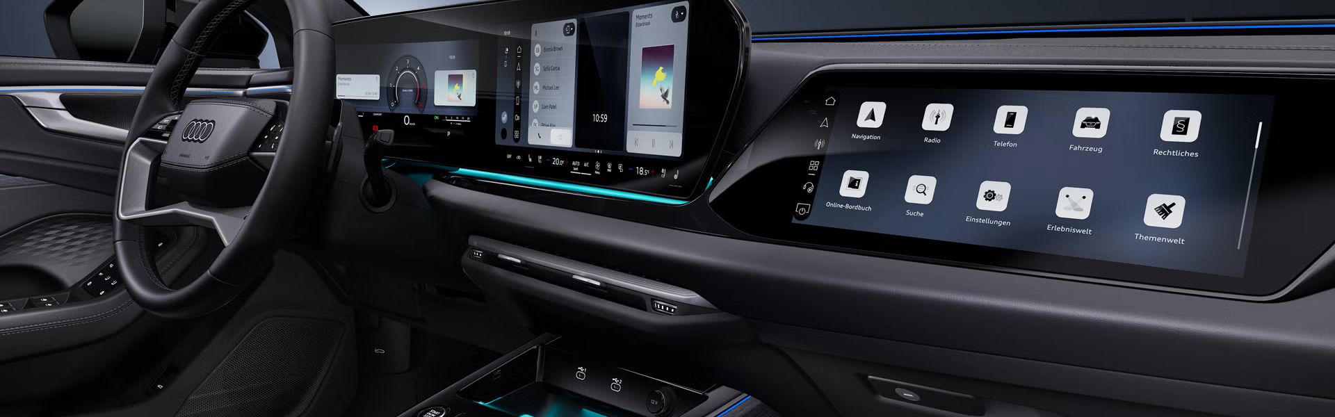 Seitliche Nahaufnahme des Cockpits des Audi A6 allroad mit Fokus auf das Lenkrad und die digitalen Displays.